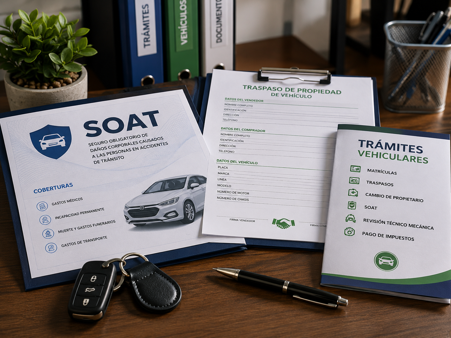 Ilustración de trámites vehiculares, SOAT y traspasos